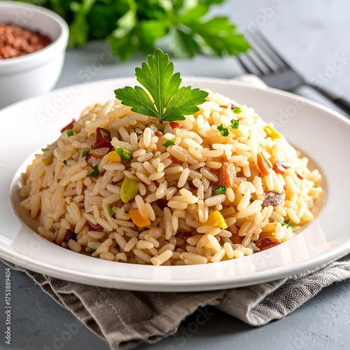 A plate of aromatic rice pilaf garnished with parsley and vegetables