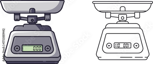 Digital and analog kitchen weighing scale illustration, modern food measuring equipment vector art for cooking, bakery, and kitchen design