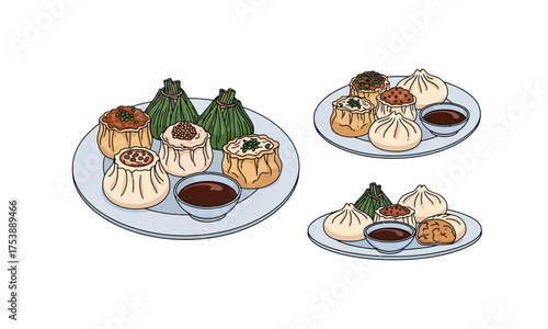 Chinese Dim Sum Assortment with Dumplings and Dipping Sauce – Food Illustration