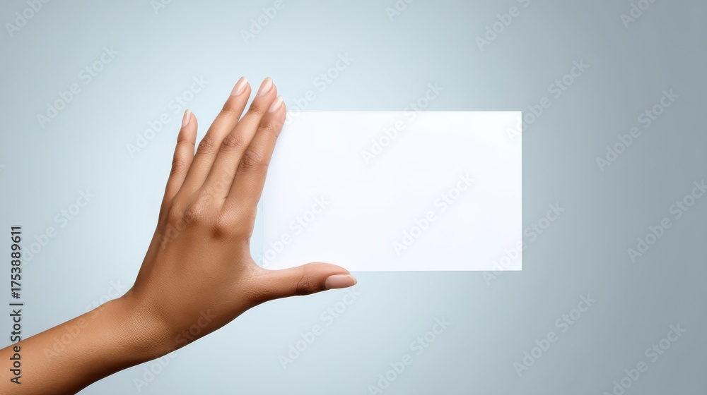 Obraz premium Close up view of hand holding blank white card ready for custom message idea or design presentation.