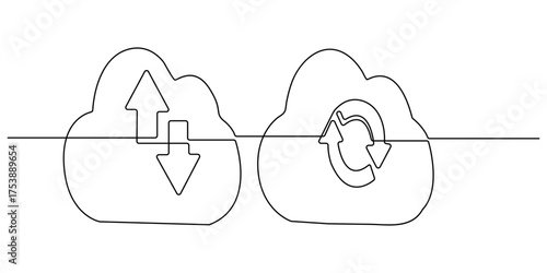 continuous one line drawing Cloud download, upload, sync, update, 3d icon isolated png set. Up and Down Arrow, data sync, file backup, online cloud storage