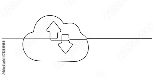 continuous one line drawing Cloud download, upload, sync, update, 3d icon isolated png set. Up and Down Arrow, data sync, file backup, online cloud storage