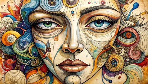 Obraz na płótnie A detailed surreal portrait illustration featuring a human face surrounded by colorful abstract doodles, swirling lines, and intricate textures