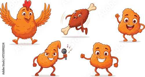 Funny cartoon fried chicken characters, cute nugget and drumstick food mascots, crispy snack vector illustration, happy fast food friends, white background