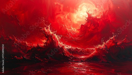 An intense, fiery scene depicts massive waves crashing under a crimson, sun-like sky