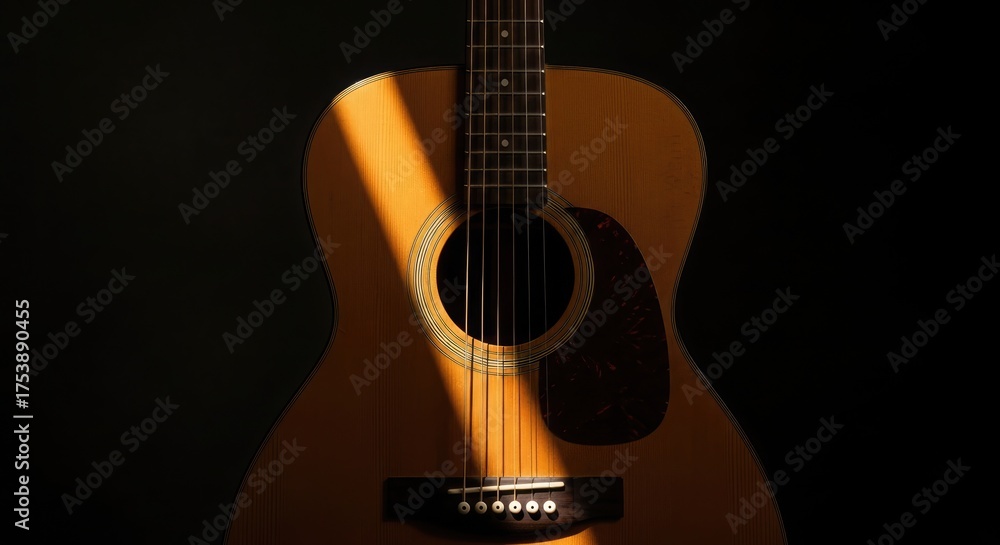 Fototapeta premium Acoustic guitar bathed in dramatic sunlight against a dark backdrop.