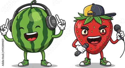 Funny watermelon DJ with headphones and strawberry rapper with microphone, cool music fruit characters illustration, hip hop vector cartoon art