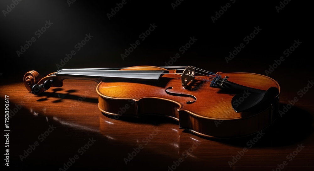 Fototapeta premium A beautifully lit violin resting on a reflective wooden surface, showcasing its details.
