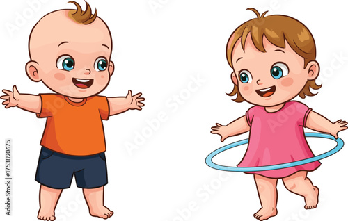 Happy children playing together, cartoon kids smiling, outdoor fun, hula hoop activity, joyful childhood, colorful illustration, energetic movement, friendshipHappy children playing