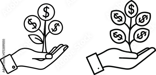 Hand holding a money or dollar flower and plant vector icon illustration