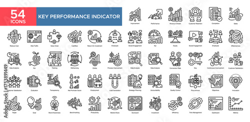 Key Performance Indicator collection set. Improvement , Performance, Revanue Growth, Kpi ,Costomer Relation, Sales ,Employee, Data Analysis, icon. Simple outline vector illustration