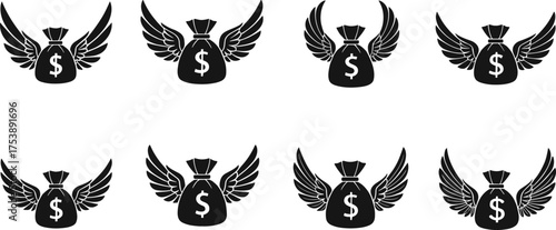 Money Bag with Wings Black Silhouette Icon Set, Financial Freedom, Fast Cash Flow, Easy Earning, and Wealth Concept Minimalist Vector Graphic Collection.