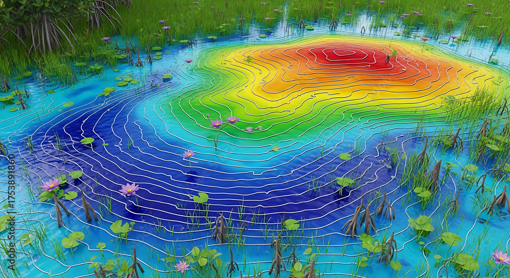 Fototapeta premium Colorful topographical map abstract design of a pond, showing height gradients and natural features