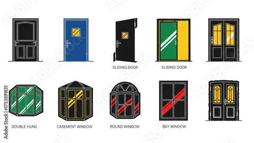 Colorful Silhouette Vector Icon Set of Home Design Elements – Doors and Windows Highlighting Style, Material, and Placement for Modern Interiors