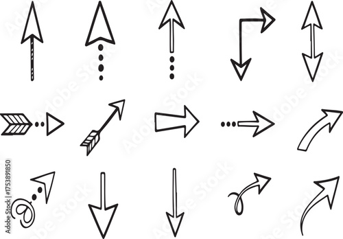 Directional Arrows Array: A collection of diverse arrows pointing in various directions, symbolizing choice, guidance, and progress, a useful asset for any visual project.