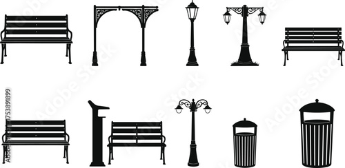 Park and Street Furniture Icon Set, Bench, Lamppost, Archway, and Trash Can Silhouettes, Outdoor Urban Design Elements Vector Graphics, Black and White