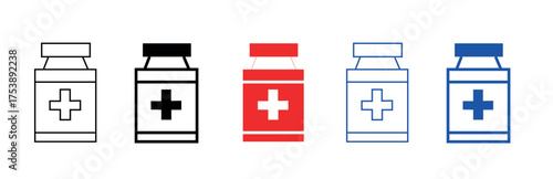 A set of five modern medical icons featuring a pill bottle or vial with a cross symbol in black, red, blue, and outlined in black and blue representing healthcare and pharmaceutical concepts.	