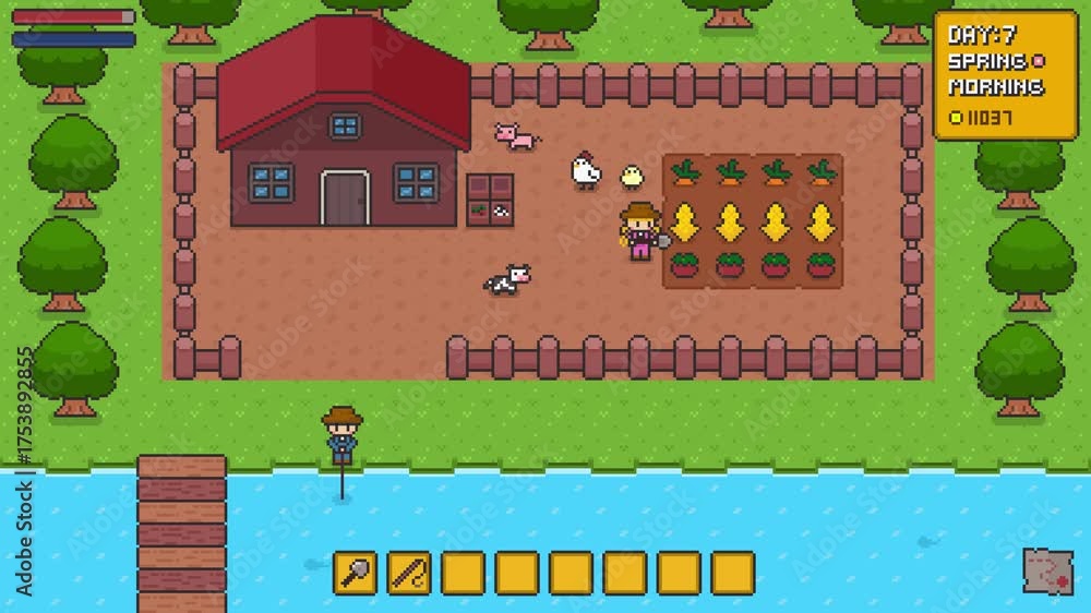 8-bit pixel art cute farm with people and animals with ui icons. looped ...