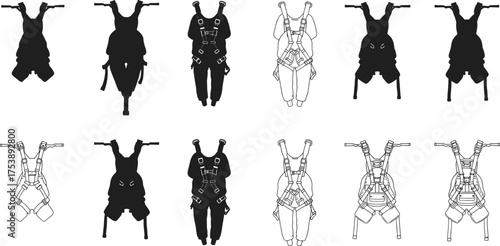 Safety harness silhouette and outline collection, industrial worker protection gear, rope access equipment vector illustration for construction and rescue safety