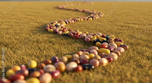 A winding path of colorful beans meanders across a grassy field, leading into the distance