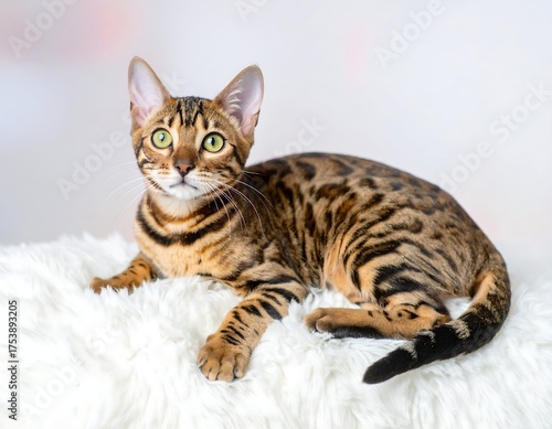 A striking feline with spotted coat reclines on a soft, fluffy white surface