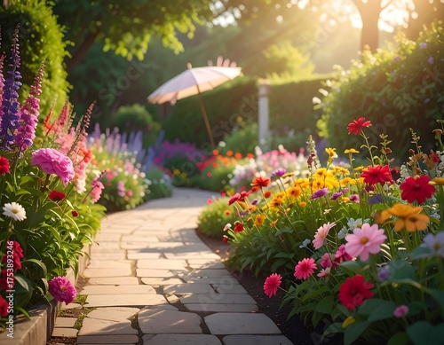 A stone path meanders through a vibrant, sunlit flower garden