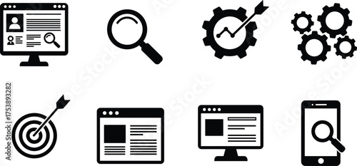 SEO Search Engine Optimization Icons Set Magnifying Glass Web Analytics Gears Target Mobile Search Internet Marketing Vector Illustration Concept