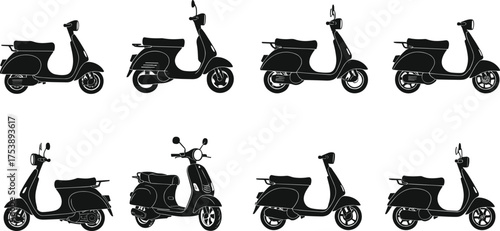 Set of eight vintage scooter silhouette designs, retro moped motorcycle vector collection, classic transportation icon for graphic, logo, illustration