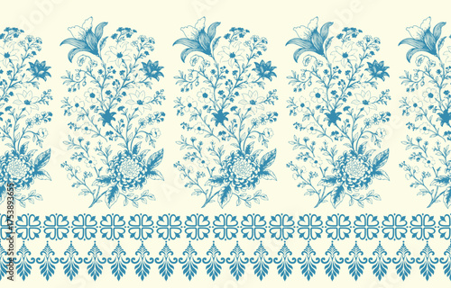 floral pattern vintage ethnic modern embroidery texture boho design vector illustration hand drawn flower motif branches leaves wallpaper seamless background border.	

