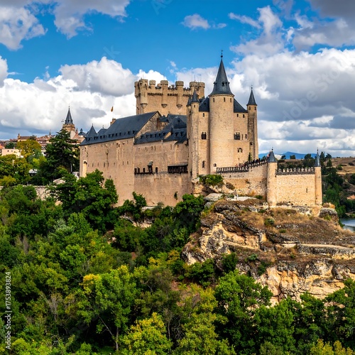 A stunning historic castle sits atop a rocky hill