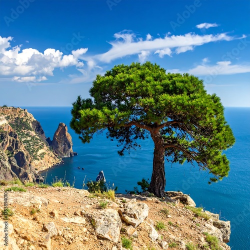 A sturdy tree on a cliff overlooking the vibrant ocean