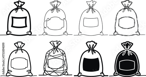 Set of realistic sack bag silhouette vector illustration, tied packaging pouch collection, black and white food storage design