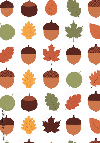 A delightful pattern of acorns and autumn leaves in various warm colors.