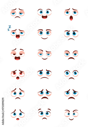 A collection of expressive cartoon faces displaying a wide range of emotions and moods.