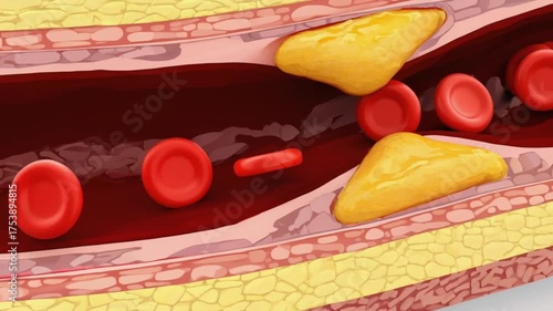 Clogged artery with cholesterol and red blood cells inside. Medical graphic visualization of atherosclerosis concept footage.
