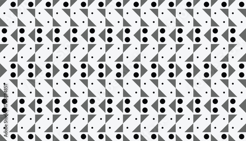 Black and White Minimal Geometric Dotted Pattern. A seamless geometric pattern in black and white featuring diagonal shapes and circular dots arranged in a rhythmic, repetitive layout