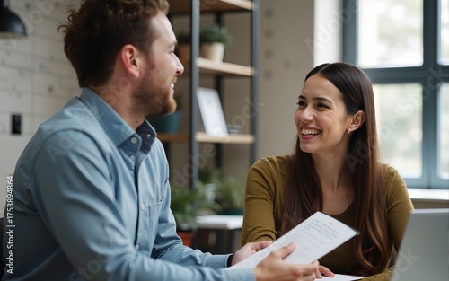 Smiling happy young woman talking with male colleagues at shared workplace, worker laughing at funny joke, reading funny news, excited business success, employees having break, pause. High quality