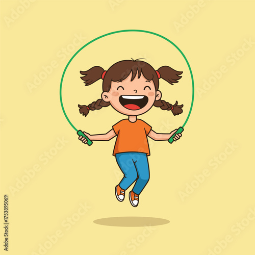 A cheerful cartoon girl with pigtails is jumping rope (skipping) with a green rope.

