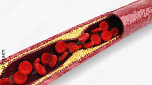 Clogged artery with cholesterol and red blood cells inside. Medical graphic visualization of atherosclerosis concept footage.