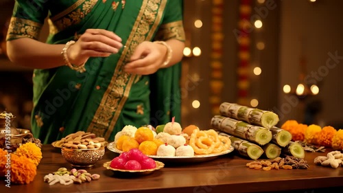 Woman in Traditional Attire Arranging Sweets and Offerings for Chhath Puja Celebration.