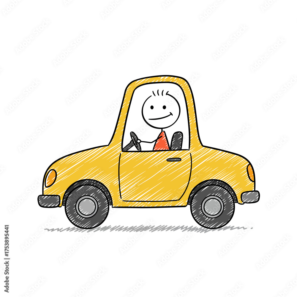 Fototapeta premium Happy Stick Figure Driving a Yellow Car - Cute Cartoon Doodle