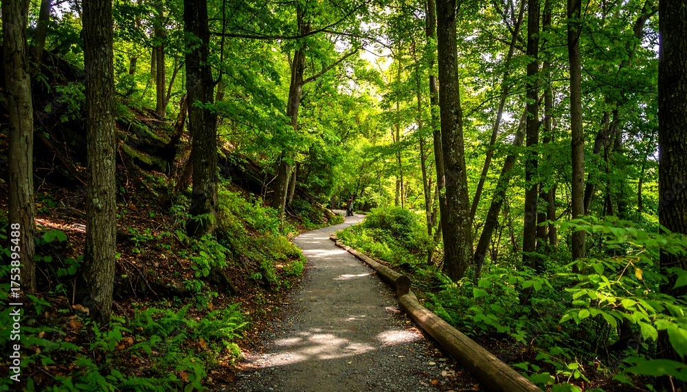 Fototapeta premium A winding path through a lush green forest, sunlight dappling through the canopy