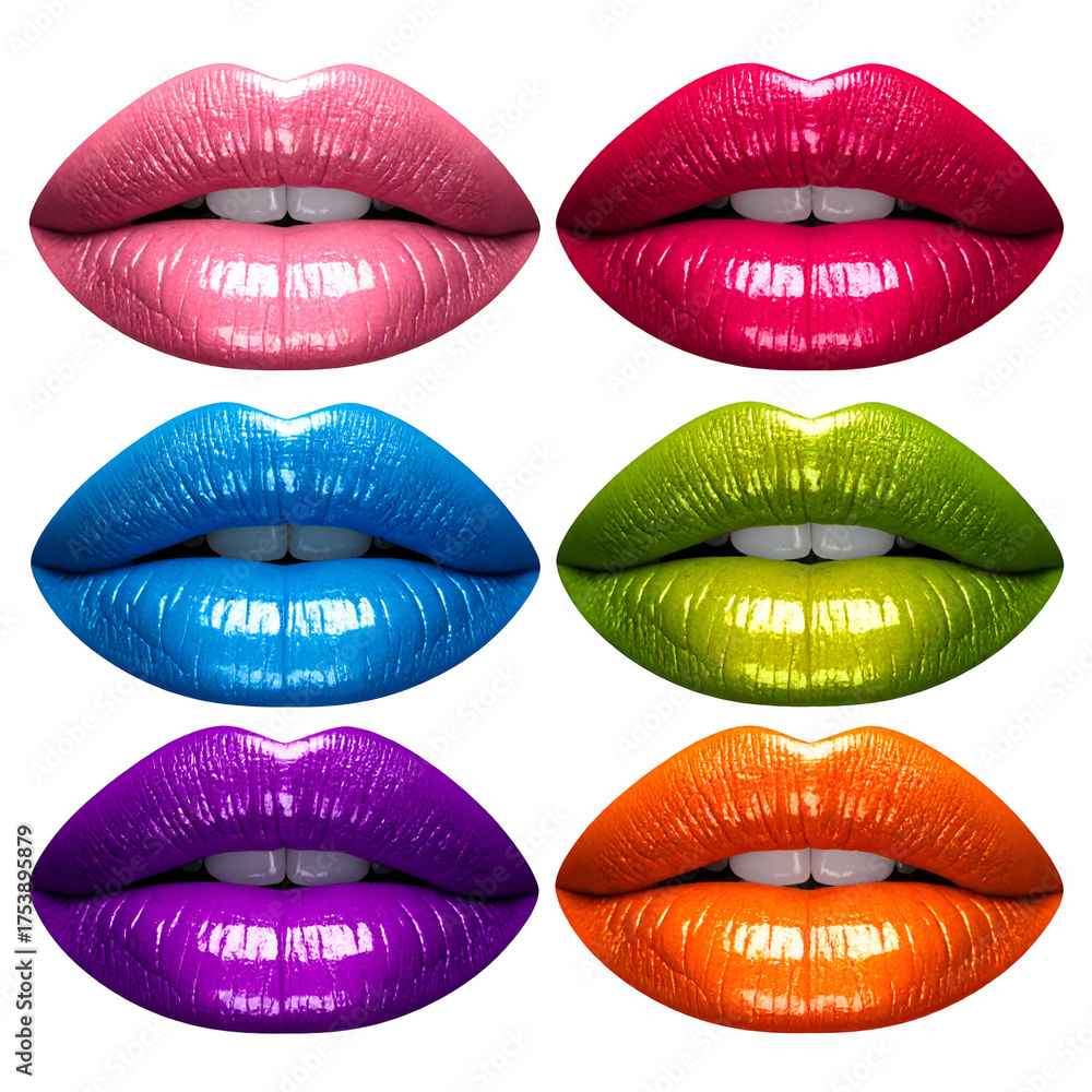 Obraz premium Six pairs of brightly colored lips against a black background.