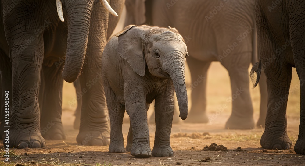 Fototapeta premium An adorable baby elephant stands amid a herd, dusty environment, soft lighting