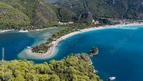 Fototapeta Naklejka Na Ścianę i Meble -  Aerial view of the famous Blue Lagoon beach in Oludeniz, Fethiye, Turkey
