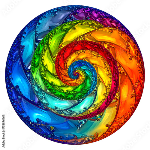 Vibrant rainbow spiral fractal radiates from a central point.