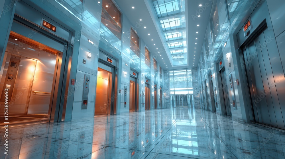 Fototapeta premium Elevator access point modern office lobby interior photography bright environment wide angle view corporate design