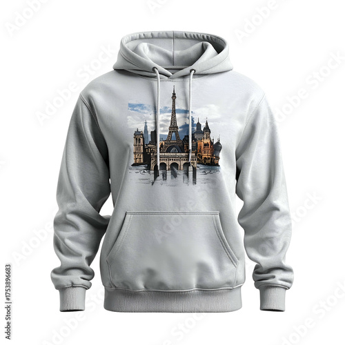 Gray hoodie displays a detailed cityscape artwork with a prominent tower and historical buildings.