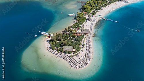 Fototapeta Naklejka Na Ścianę i Meble -  Aerial view of the famous Blue Lagoon beach in Oludeniz, Fethiye, Turkey