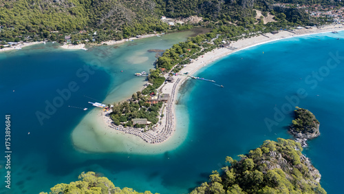 Fototapeta Naklejka Na Ścianę i Meble -  Aerial view of the famous Blue Lagoon beach in Oludeniz, Fethiye, Turkey